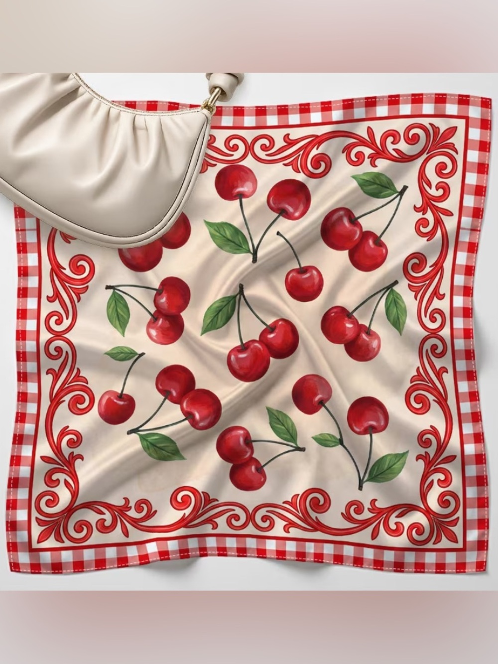 CHERRY Print Scarf with Red Gingham Border